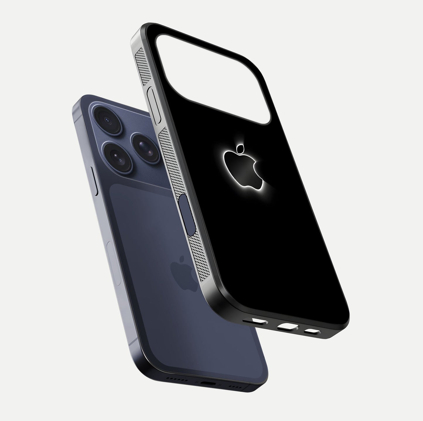 Neon Apple Glow Glass Case for iPhone 17 Pro floating dual-view mockup showing HD shine and modern look