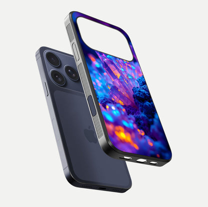 Neon Aura Shards Glass Case for iPhone 17 Pro floating dual-view mockup showing HD shine and shard texture