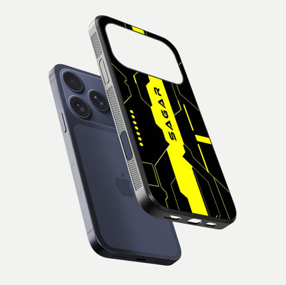 Neon CYBERPUNK Custom Name Glass Case for iPhone 17 Pro floating dual-view mockup showing HD shine and neon lines