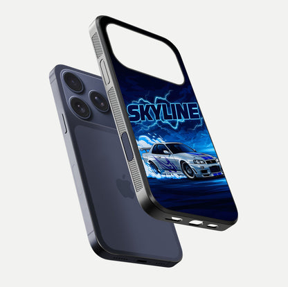 Neon Drift Beast Glass Case for iPhone 17 Pro floating dual-view mockup showing gloss texture and motion glow