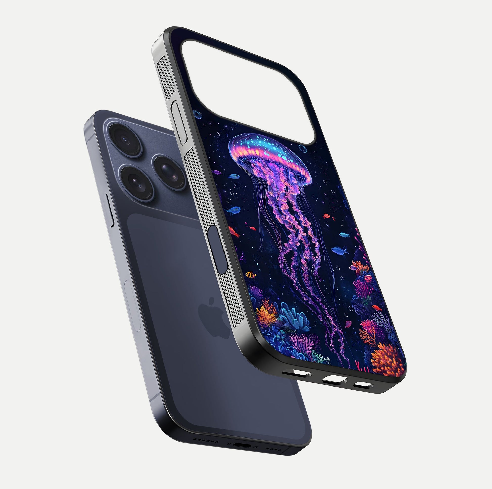 Neon Jellyfish Glass Case for iPhone 17 Pro floating dual-view mockup showing gloss texture and underwater glow
