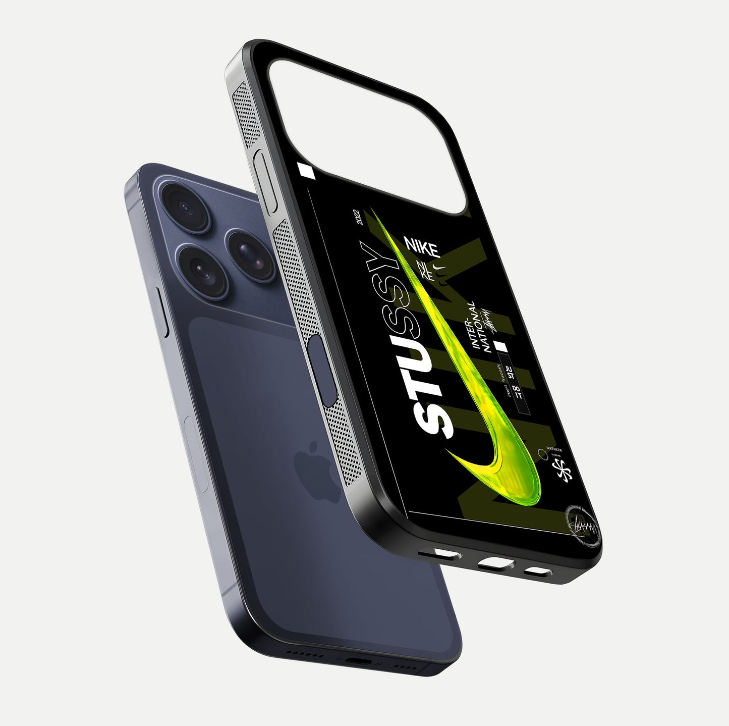 Neon Street Edition Glass Case for iPhone 17 Pro floating dual-view mockup showing HD gloss and neon glow