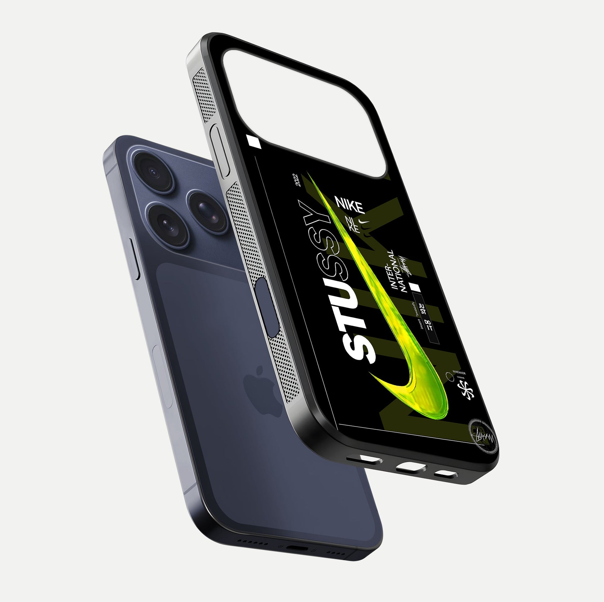 Neon Street Edition Glass Case for iPhone 17 Pro floating dual-view mockup showing HD gloss and neon glow