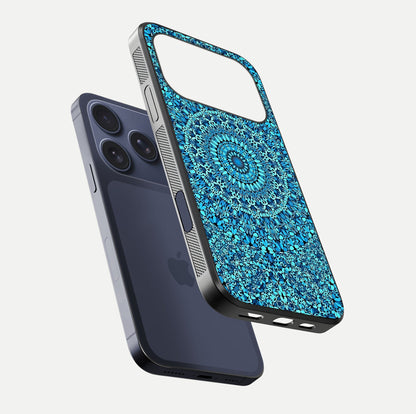 Ocean Bloom Mandala Glass Case for iPhone 17 Pro floating dual-view mockup showing gloss texture and print depth