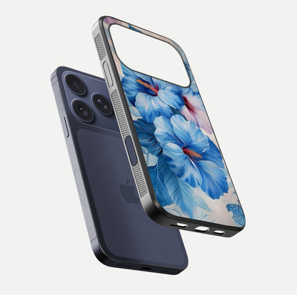 Ocean Hibiscus Grace Glass Case for iPhone 17 Pro floating dual-view mockup showing gloss reflection and print clarity