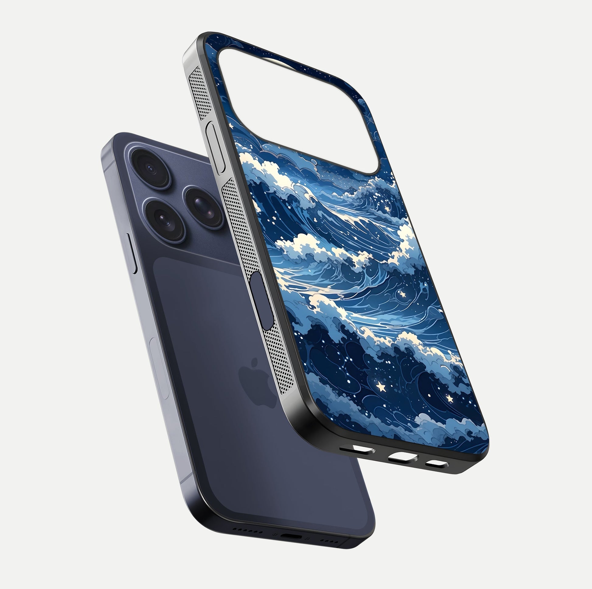 Ocean Moon Waves Glass Case for iPhone 17 Pro floating dual-view mockup showing gloss texture and moon glow