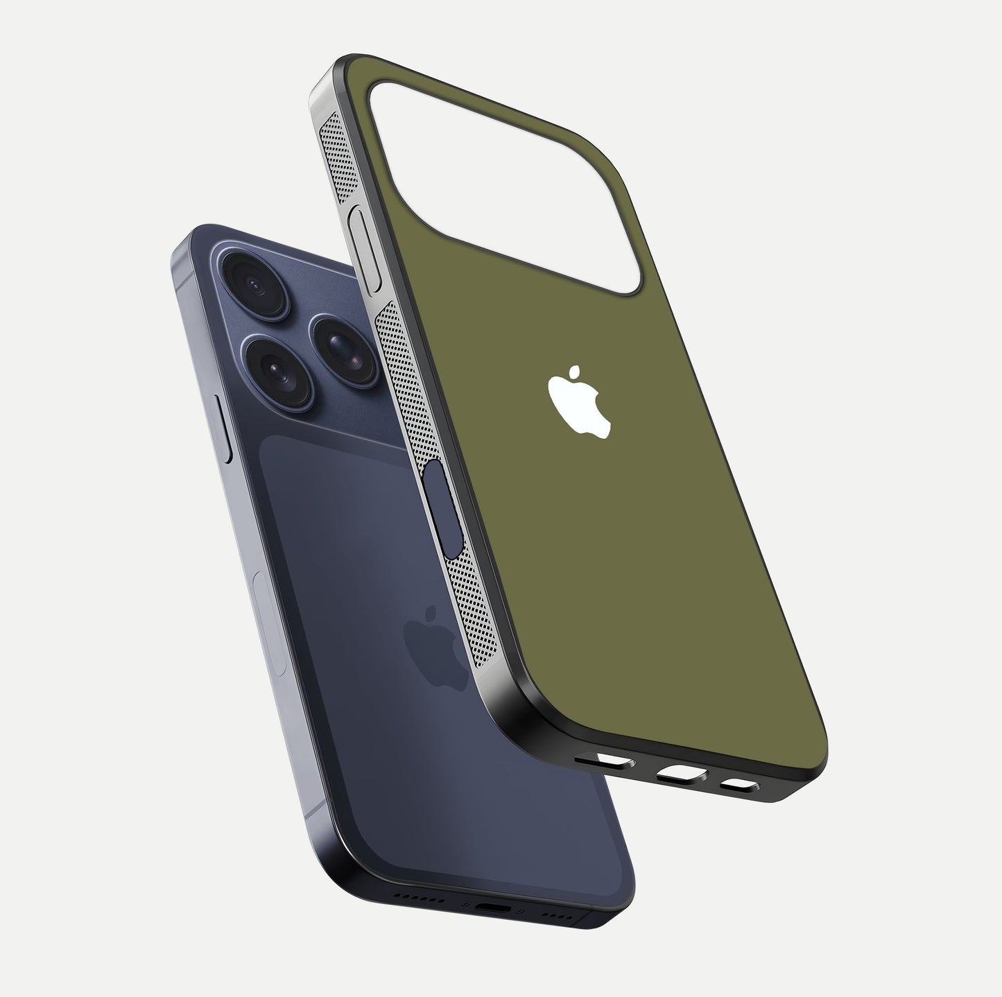 Olive Matte Essence Glass Case for iPhone 17 Pro floating dual-view mockup showing matte gloss and depth