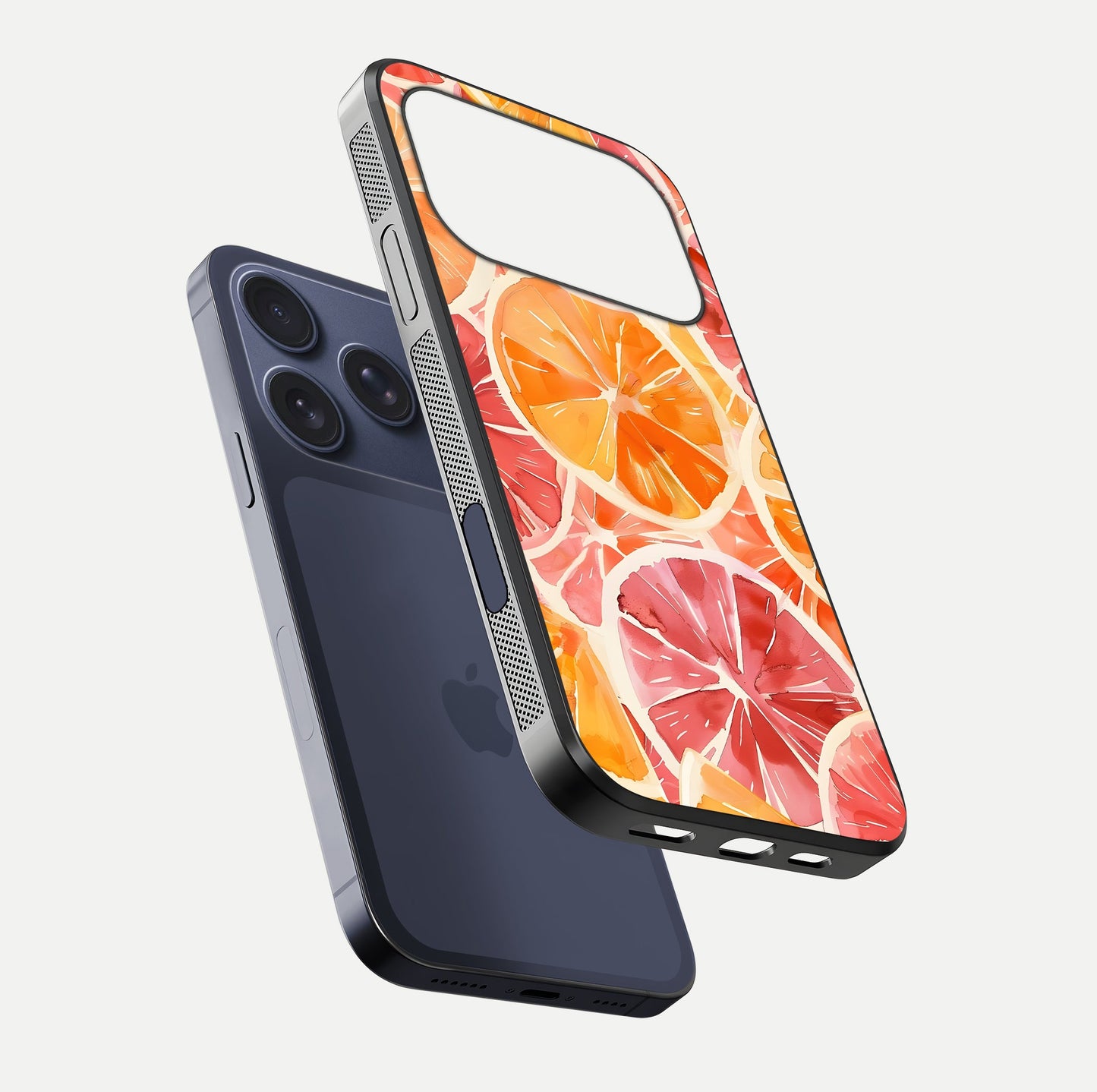 Orange Fruits Pattern Glass Case for iPhone 17 Pro floating dual-view mockup showing gloss reflection and HD tone