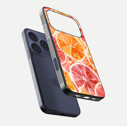 Orange Fruits Pattern Glass Case for iPhone 17 Pro floating dual-view mockup showing gloss reflection and HD tone