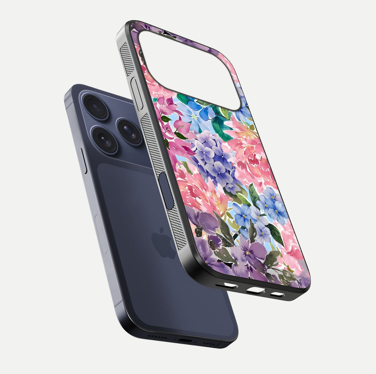 Pastel Floral Mix Glass Case for iPhone 17 Pro floating dual-view mockup showing HD gloss and floral texture