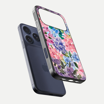 Pastel Floral Mix Glass Case for iPhone 17 Pro floating dual-view mockup showing HD gloss and floral texture