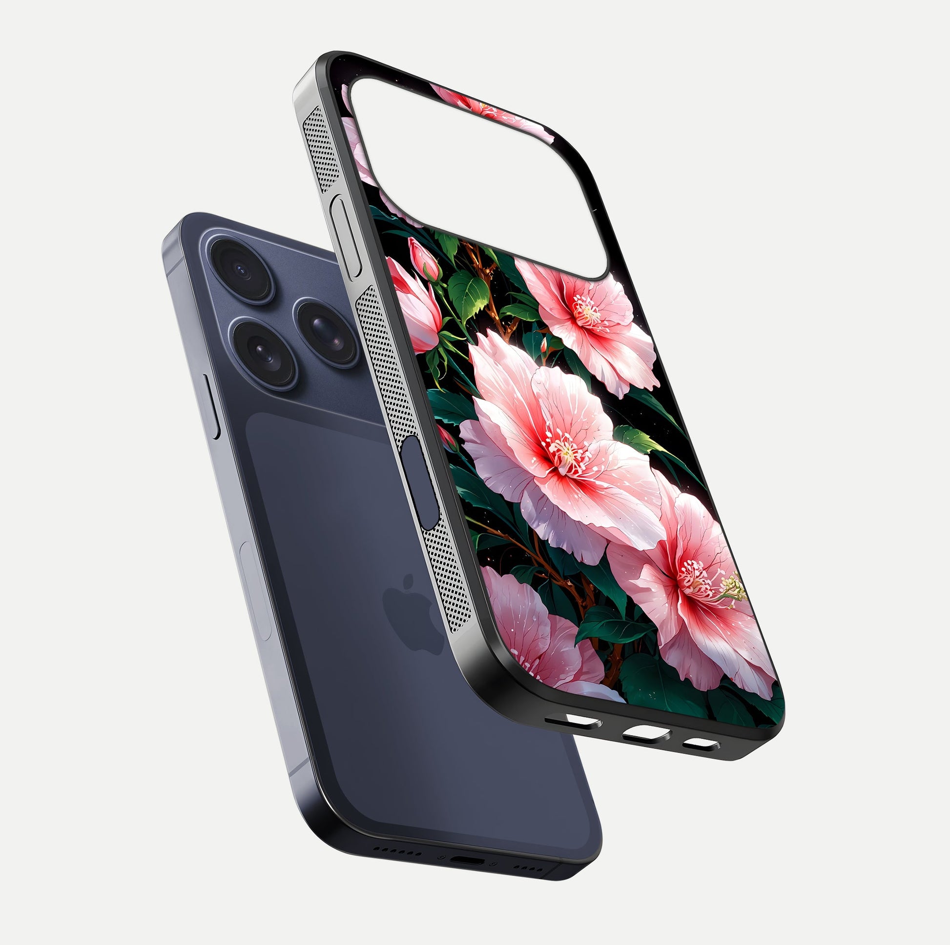 Peach Flower Glass Case for iPhone 17 Pro floating dual-view mockup displaying shine and delicate flower art