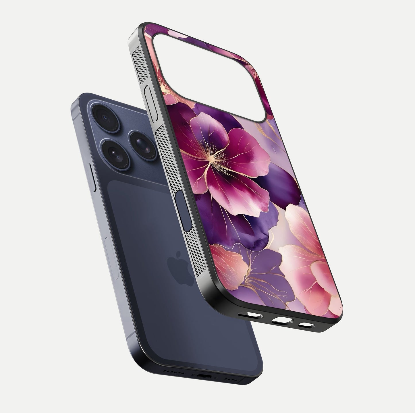 Pink Bouquet Florals Glass Case for iPhone 17 Pro floating dual-view mockup showing gloss surface and color depth