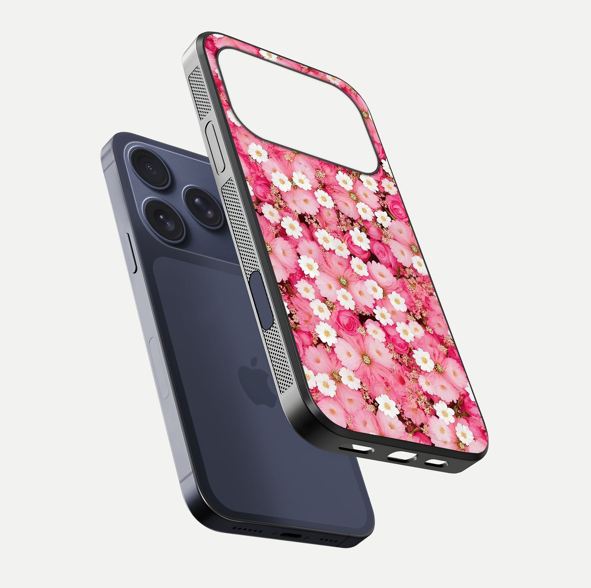 Pink Daisy Bliss Glass Case for iPhone 17 Pro floating dual-view mockup displaying gloss shine and pastel tones