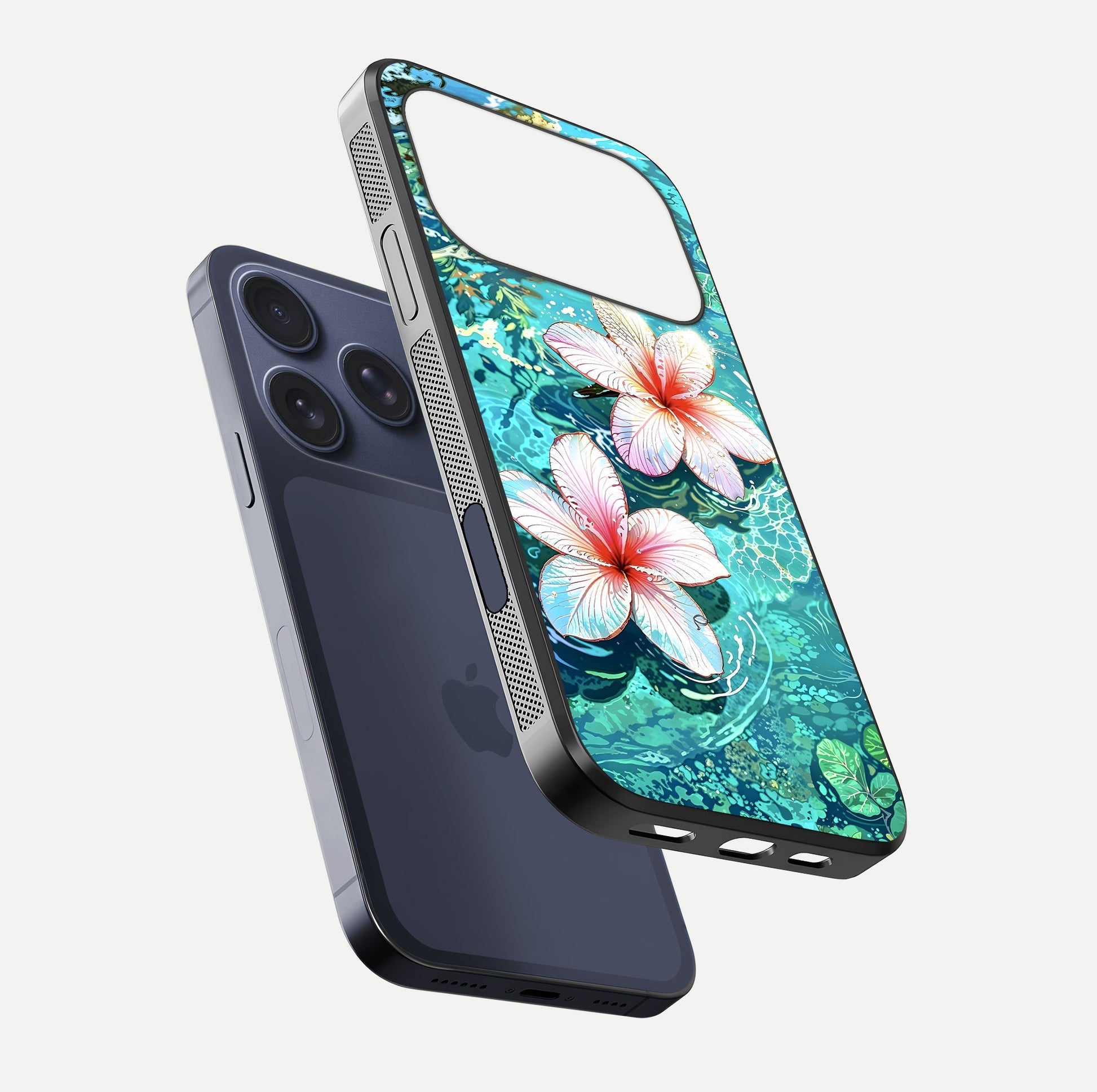 Pink Flowers in Water Glass Case for iPhone 17 Pro floating dual-view mockup showing gloss and floral clarity