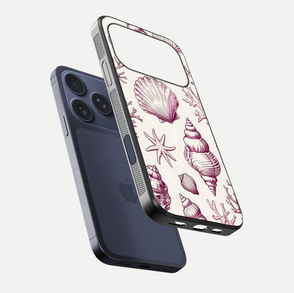 Pink Shells Outline Glass Case for iPhone 17 Pro floating dual-view mockup displaying gloss and ocean vibe