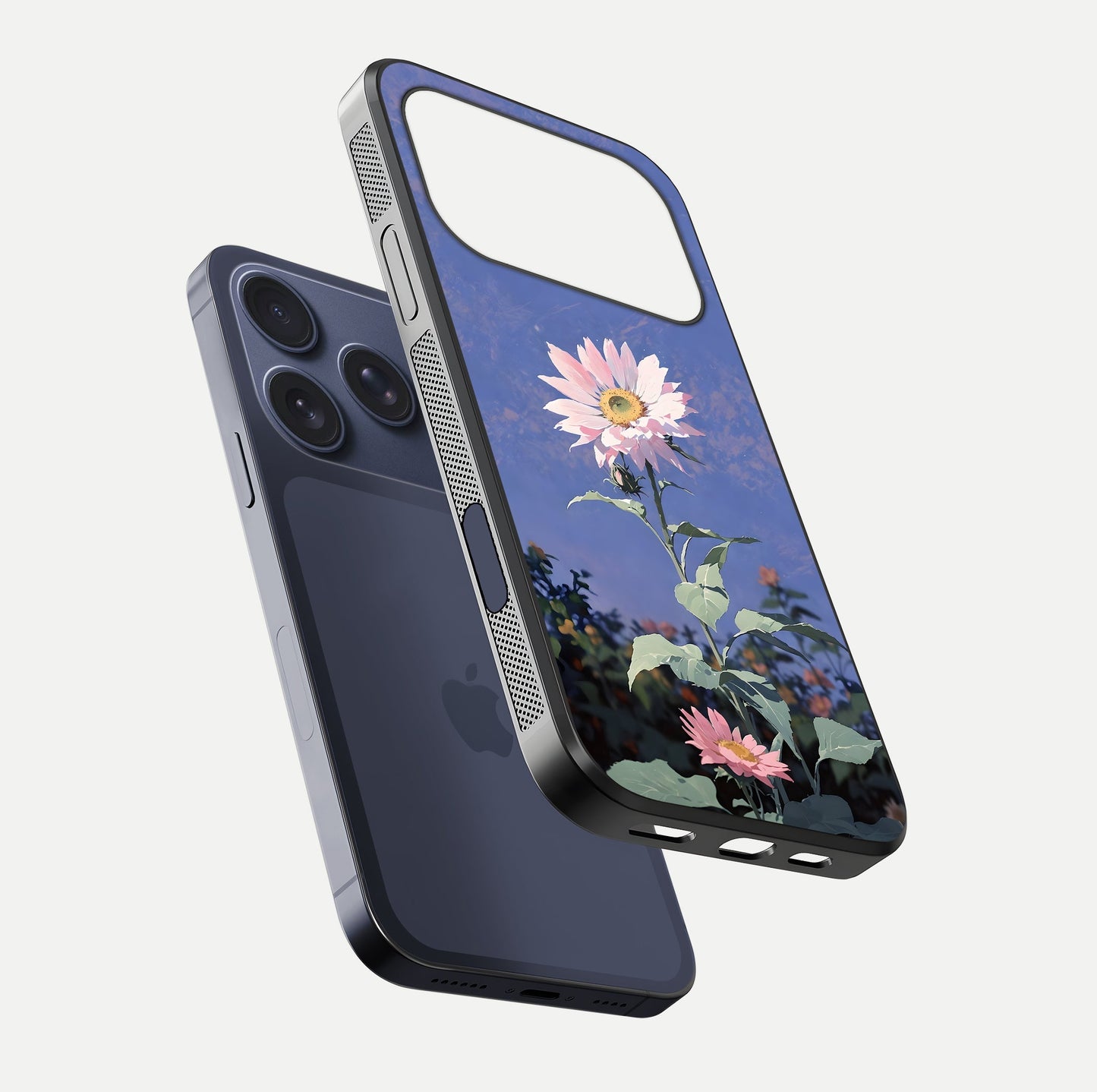 Pink Sunflower Glow Glass Case for iPhone 17 Pro floating dual-view mockup showing gloss reflection and design depth