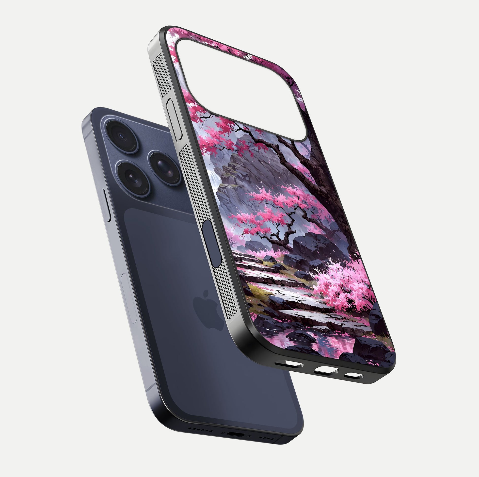 Pinkish Scenery Glass Case for iPhone 16 Pro floating dual-view mockup displaying gloss shine and artistic tone