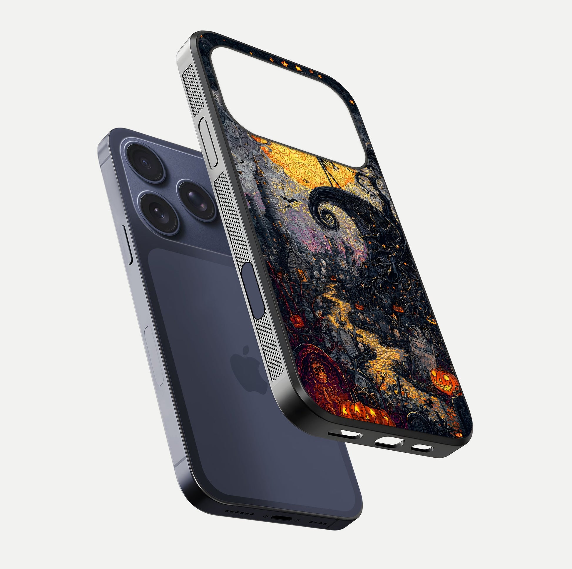 Pumpkin Moon Night Glass Case for iPhone 16 Pro floating dual-view mockup showing HD gloss and spooky detail