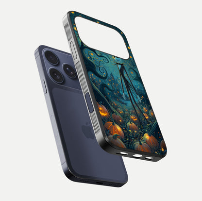 Pumpkin Moonlight Tale Glass Case for iPhone 16 Pro floating dual-view mockup showing HD gloss and eerie design