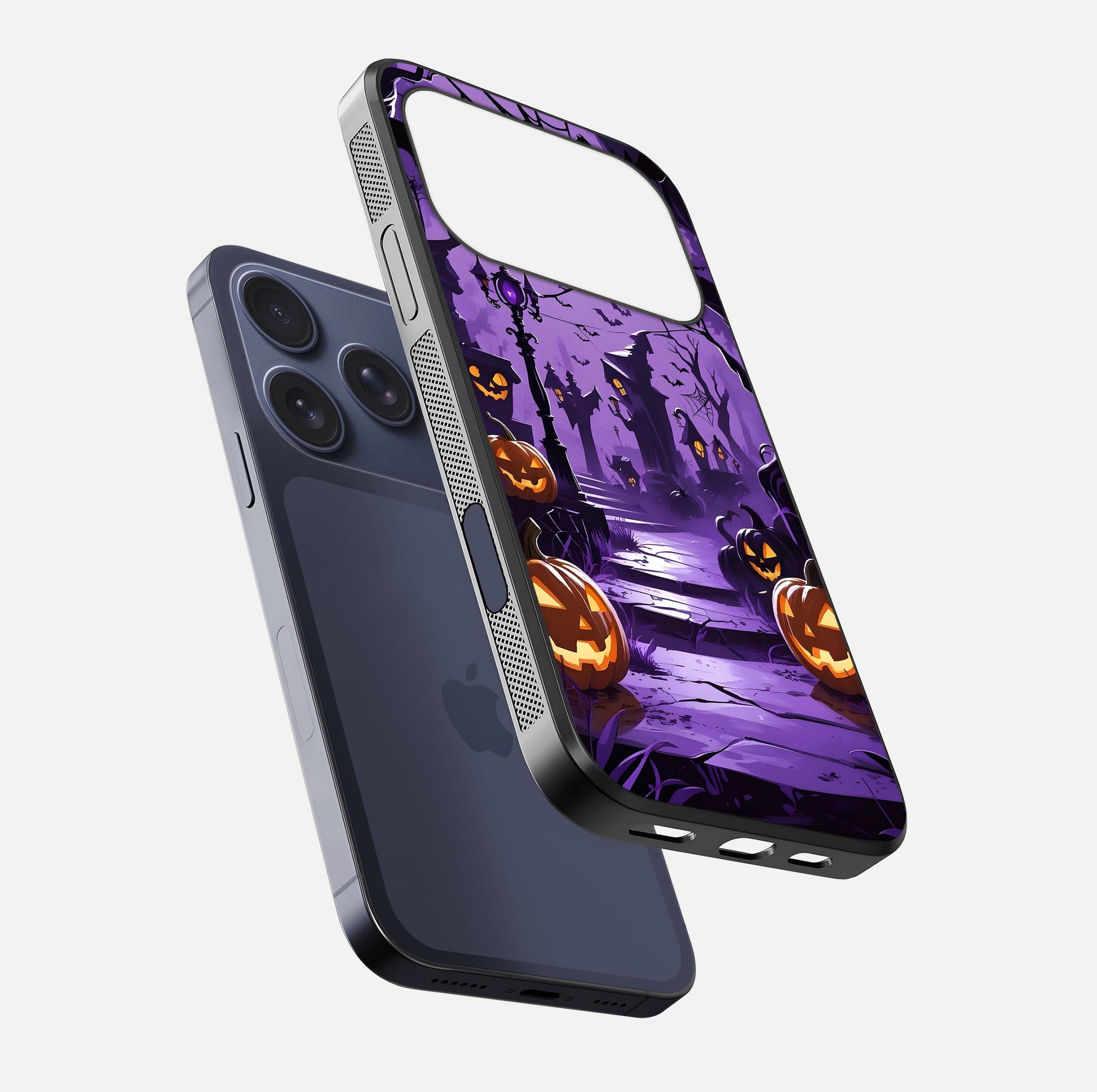 Pumpkin Patch Halloween Glass Case for iPhone 17 Pro floating dual-view mockup displaying gloss and dark tone