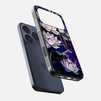Purple Lotus Pattern Glass Case for iPhone 17 Pro floating dual-view mockup showing glass shine and vivid purple hue