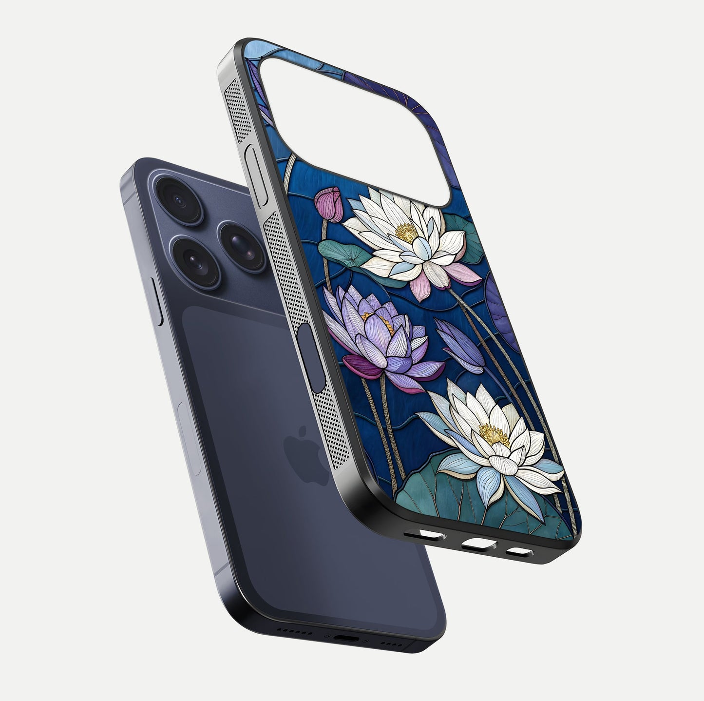 Purple Lotus Stained Glass Case for iPhone 17 Pro floating dual-view mockup displaying color depth and glass clarity