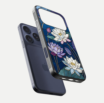 Purple Lotus Stained Glass Case for iPhone 17 Pro floating dual-view mockup displaying color depth and glass clarity