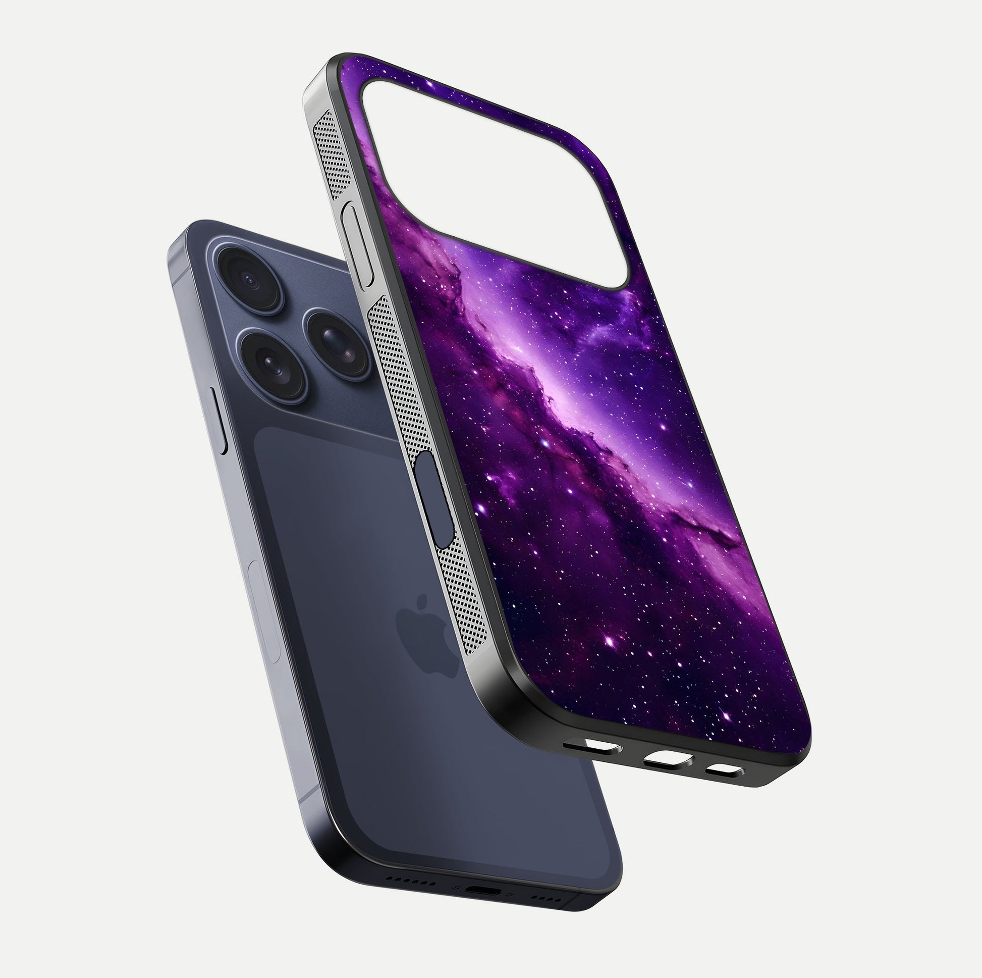Purple Shade Sky Glass Case for iPhone 16 Pro floating dual-view mockup displaying gloss and sky theme