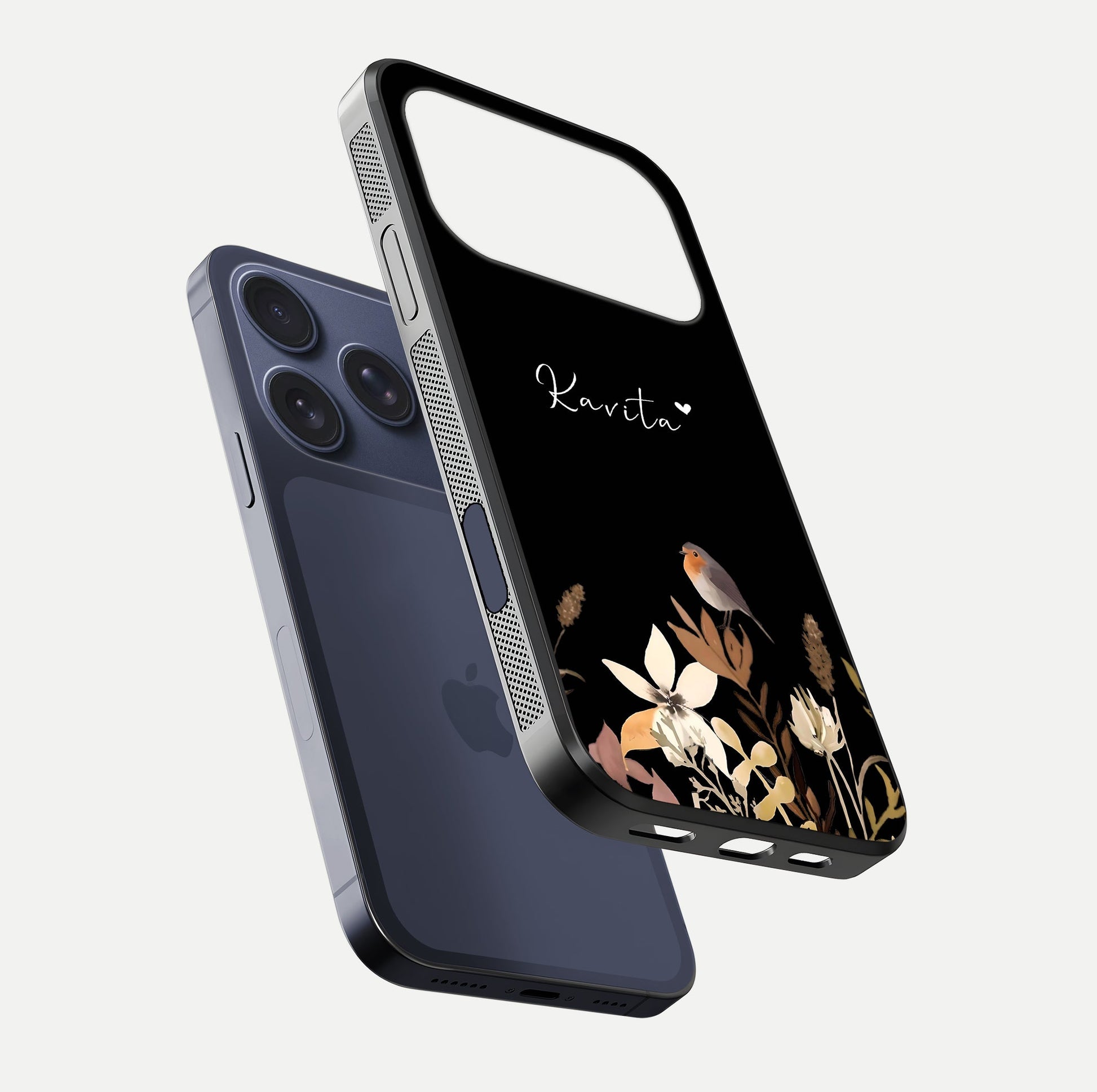 Quiet Garden Tune Custom Name Glass Case for iPhone 17 Pro floating dual-view mockup showing gloss and elegant detail