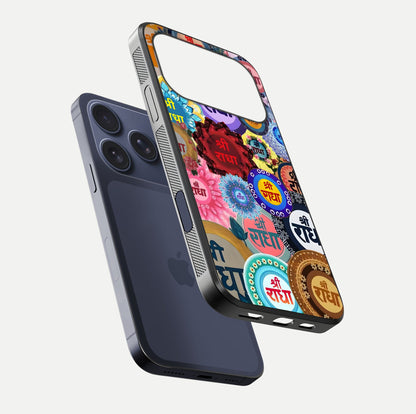 Radha Divine Bloom Glass Case for iPhone 17 Pro floating dual-view mockup showing gloss depth and HD art