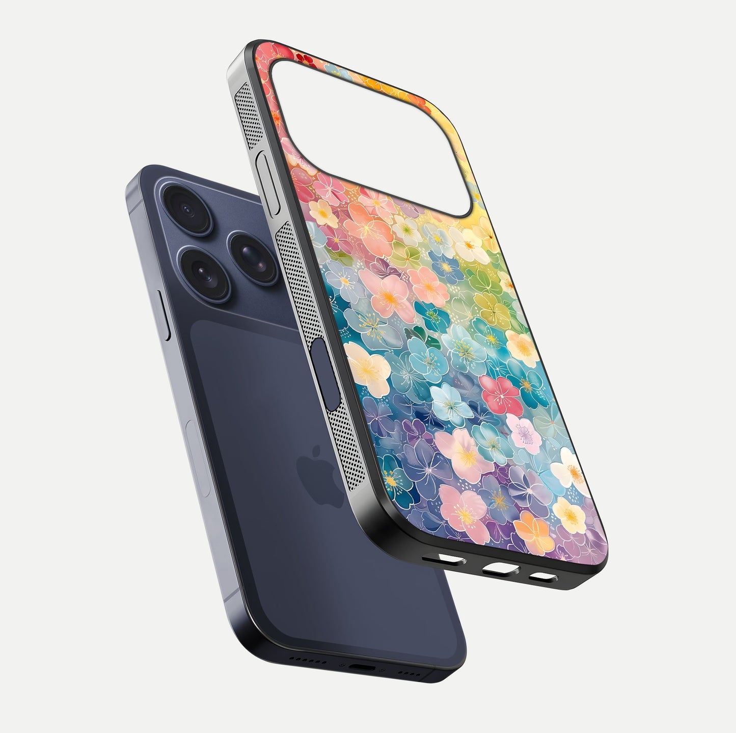 Rainbow Blossom Burst Glass Case for iPhone 17 Pro floating dual-view mockup displaying gloss and gradient pattern