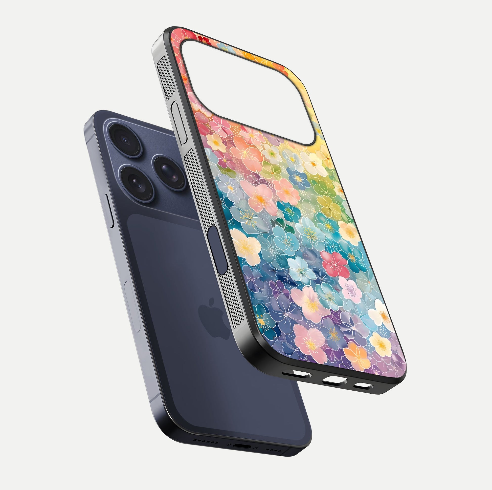Rainbow Blossom Burst Glass Case for iPhone 17 Pro floating dual-view mockup displaying gloss and gradient pattern