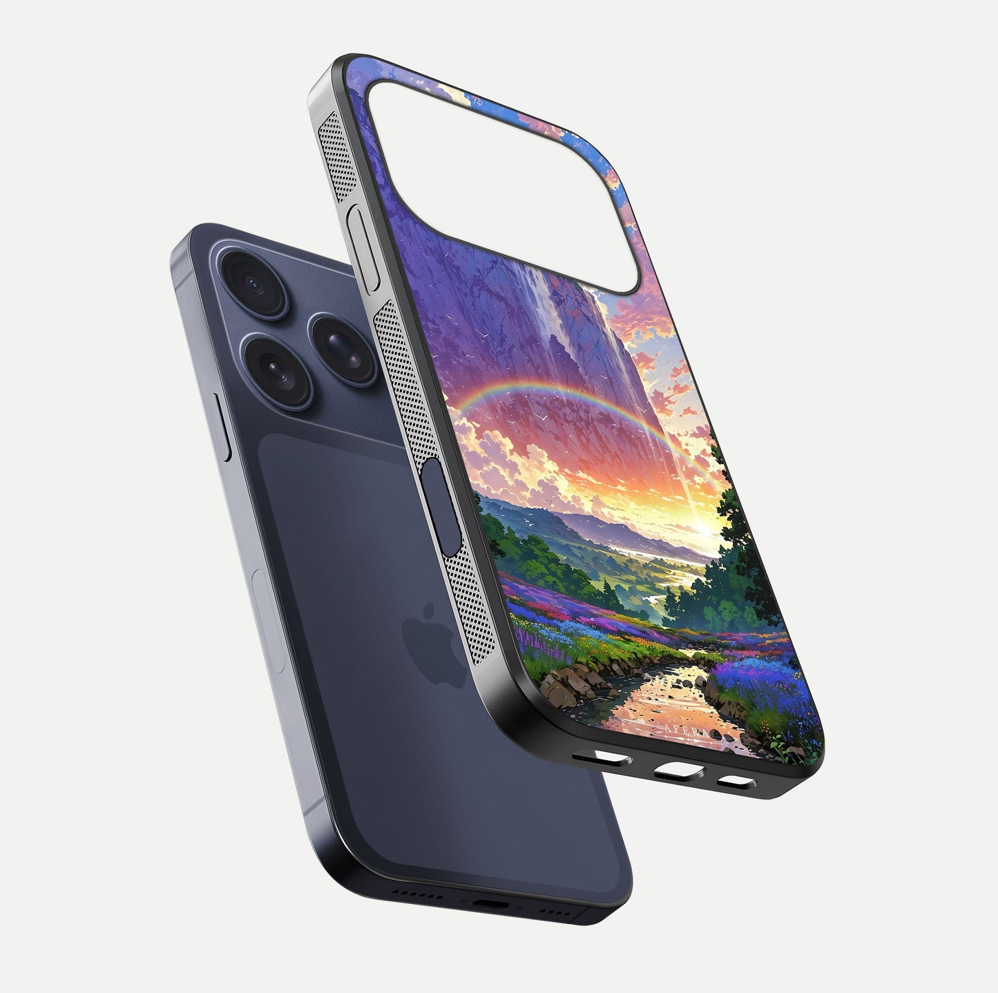 Rainbow Valley Dream Glass Case for iPhone 17 Pro floating dual-view mockup showing gloss texture and dream vibe