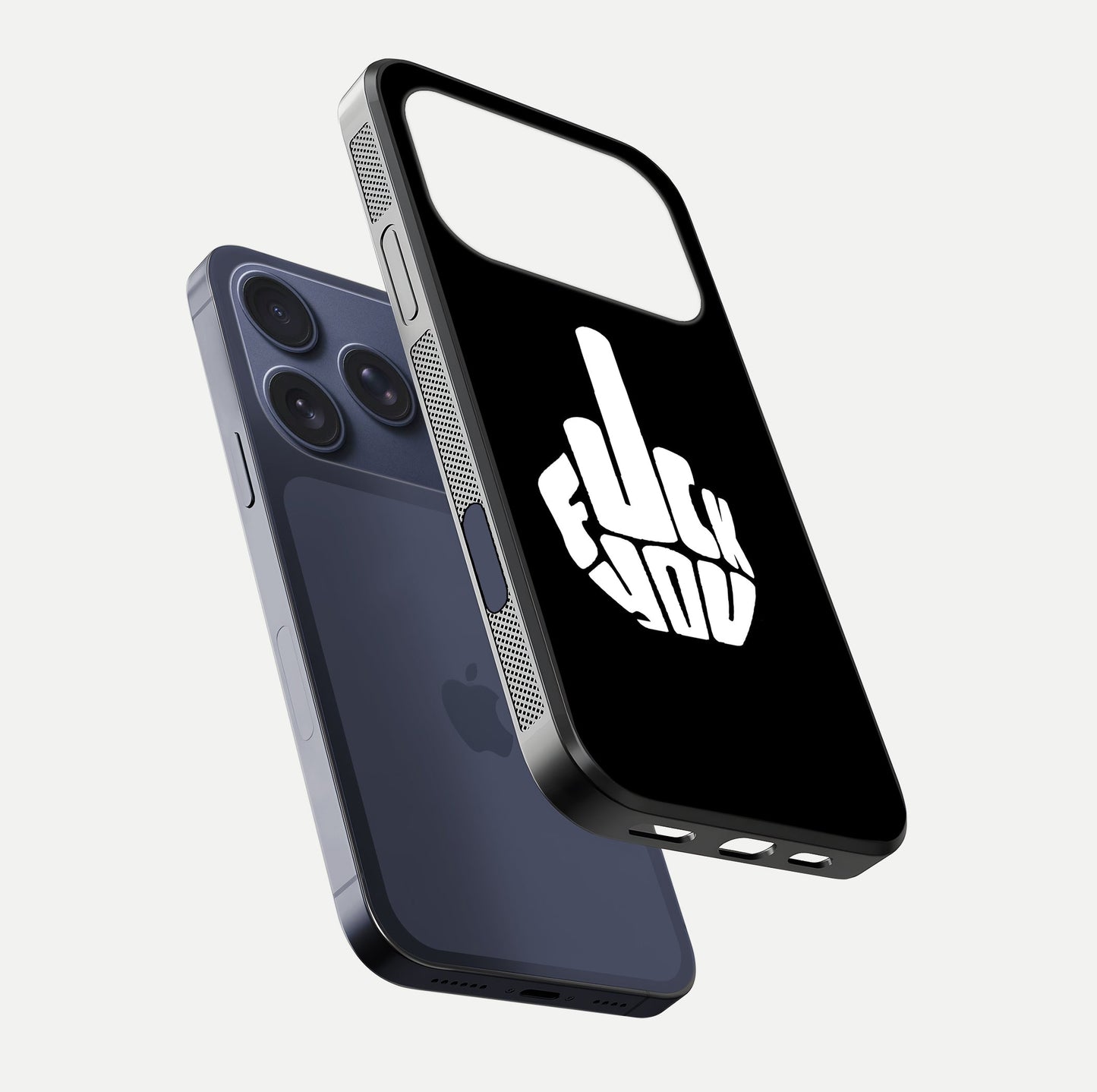 Rebel Mode On Glass Case for iPhone 16 Pro floating dual-view mockup displaying gloss shine and statement art