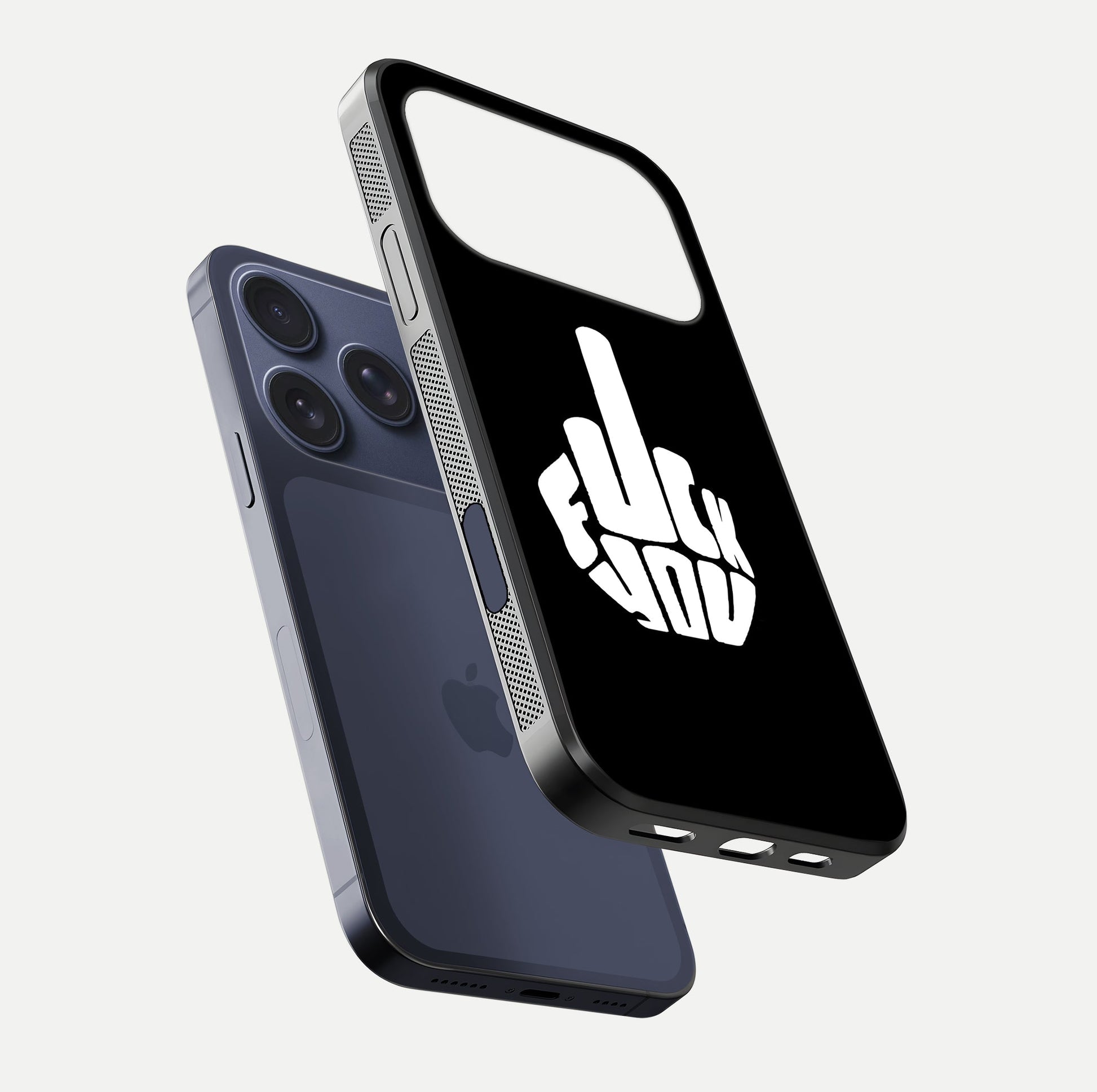 Rebel Mode On Glass Case for iPhone 16 Pro floating dual-view mockup displaying gloss shine and statement art