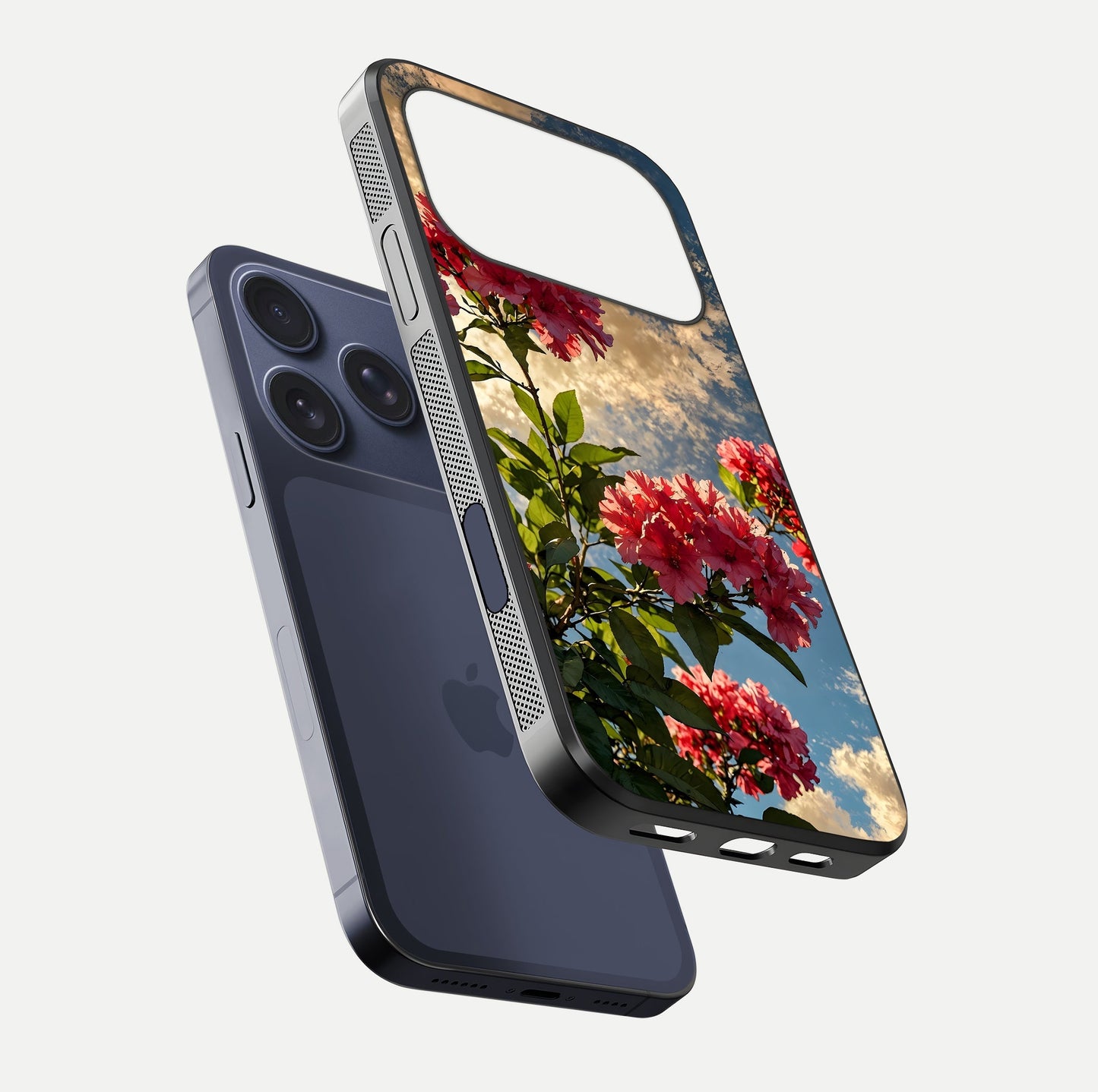 Red Bloom Skies Glass Case for iPhone 17 Pro floating dual-view mockup showing glass gloss and floral pattern