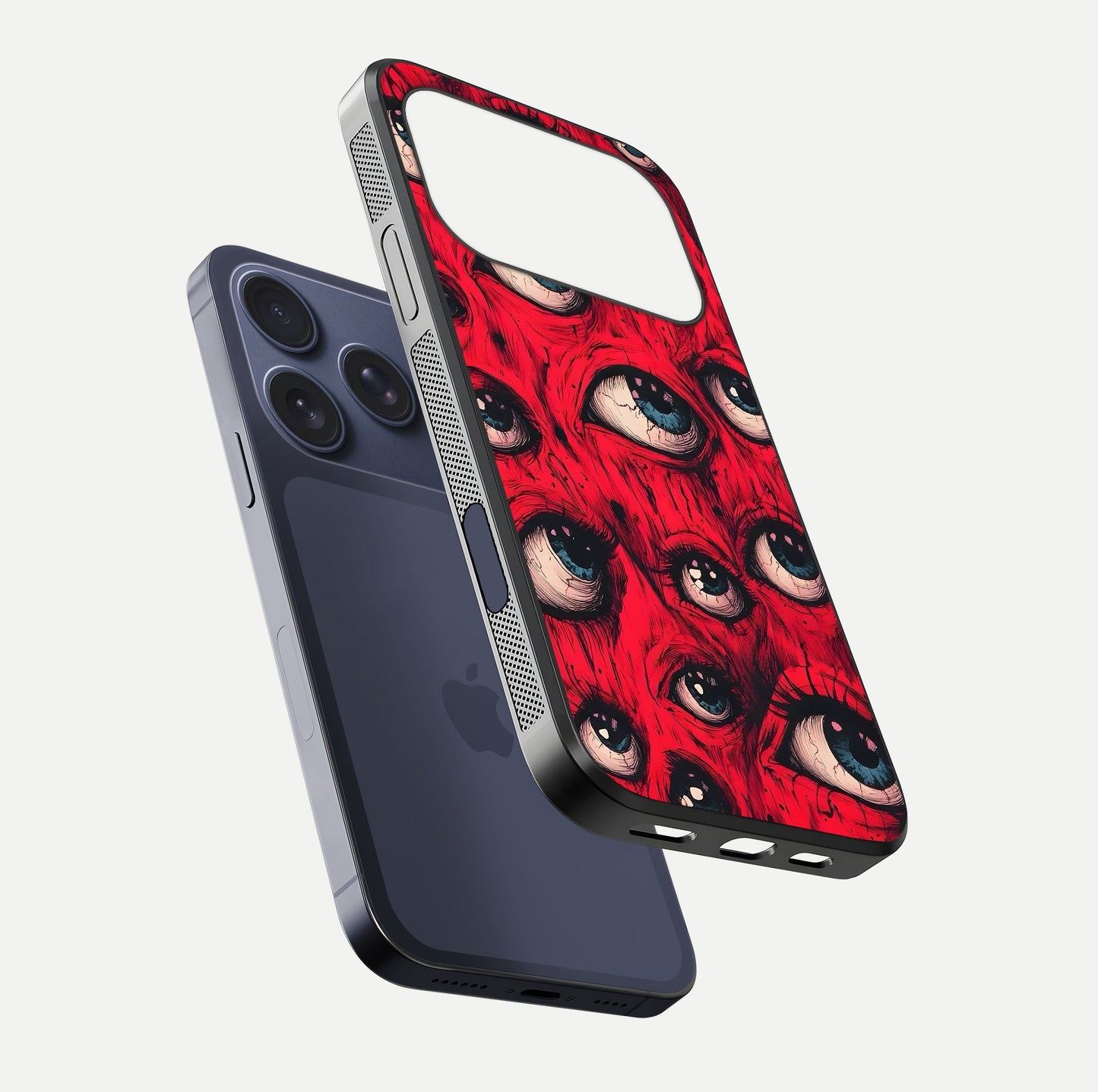 Red Eyes Pattern Glass Case for iPhone 17 Pro floating dual-view mockup displaying reflection and gloss texture