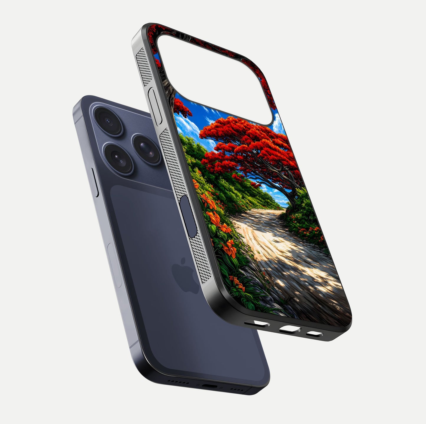 Red Trees Pathway Glass Case for iPhone 17 Pro floating dual-view mockup displaying gloss texture and print depth