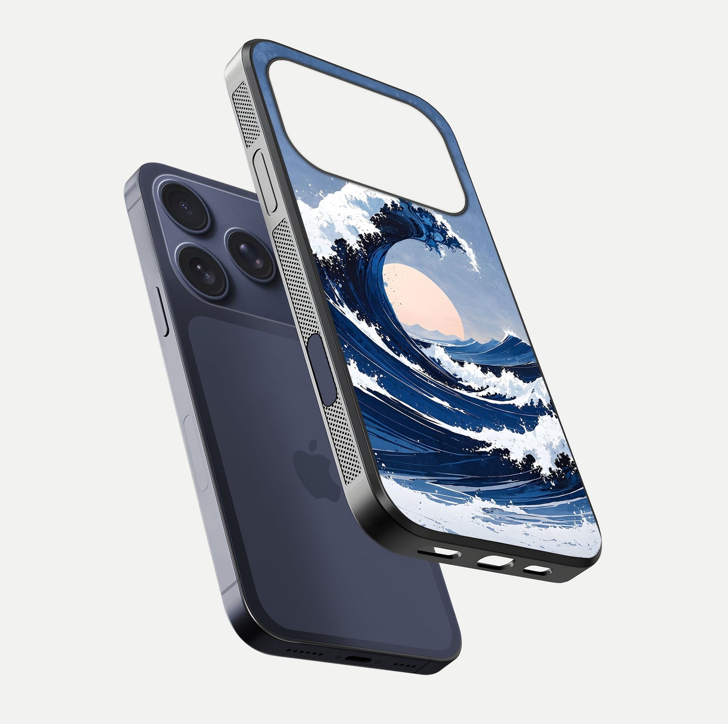 Rising Tide Power Glass Case for iPhone 16 Pro floating dual-view mockup displaying gloss texture and flow pattern