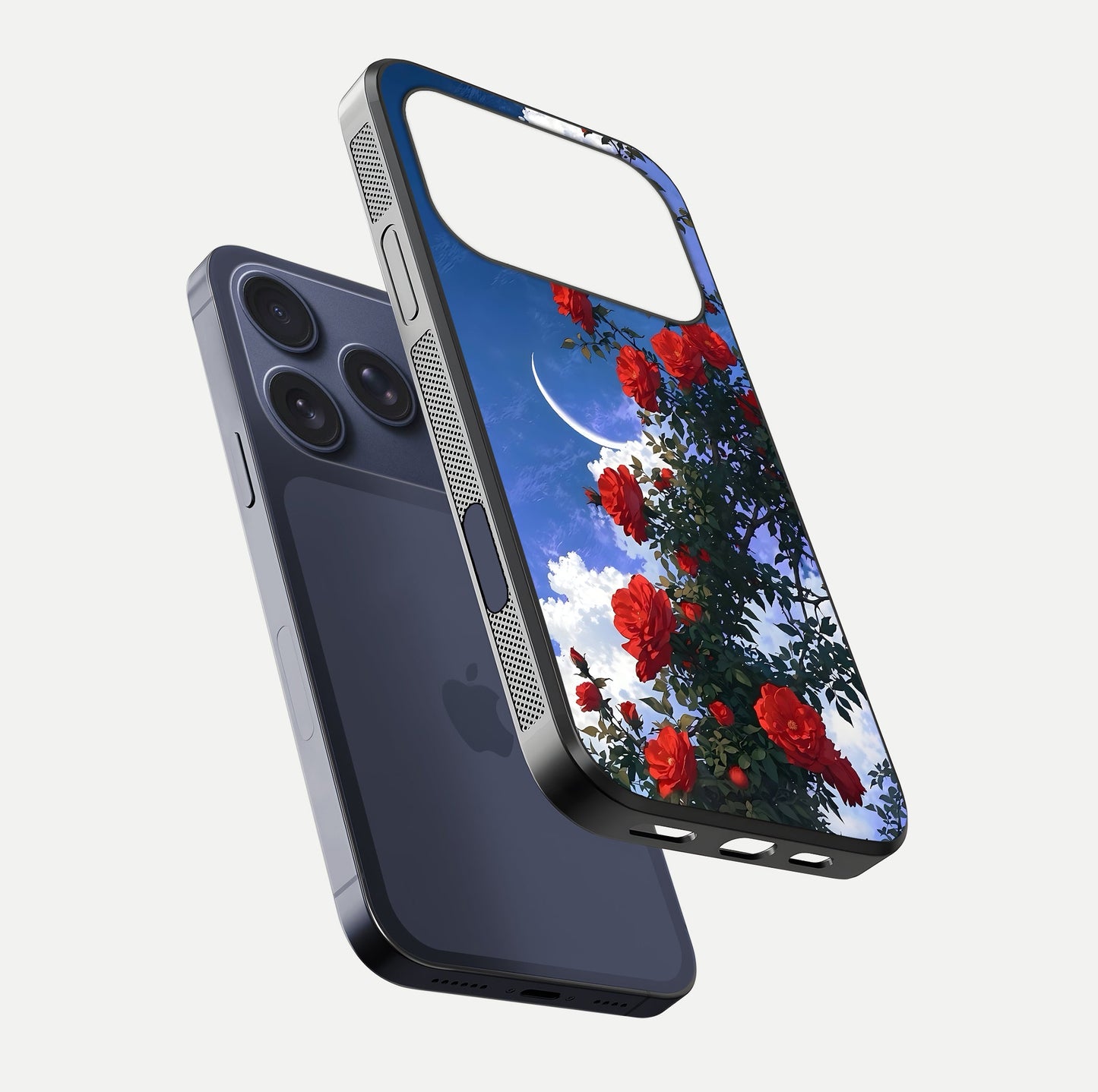 Rose Drift Flowers Glass Case for iPhone 17 Pro floating dual-view mockup showing gloss shine and floral tone