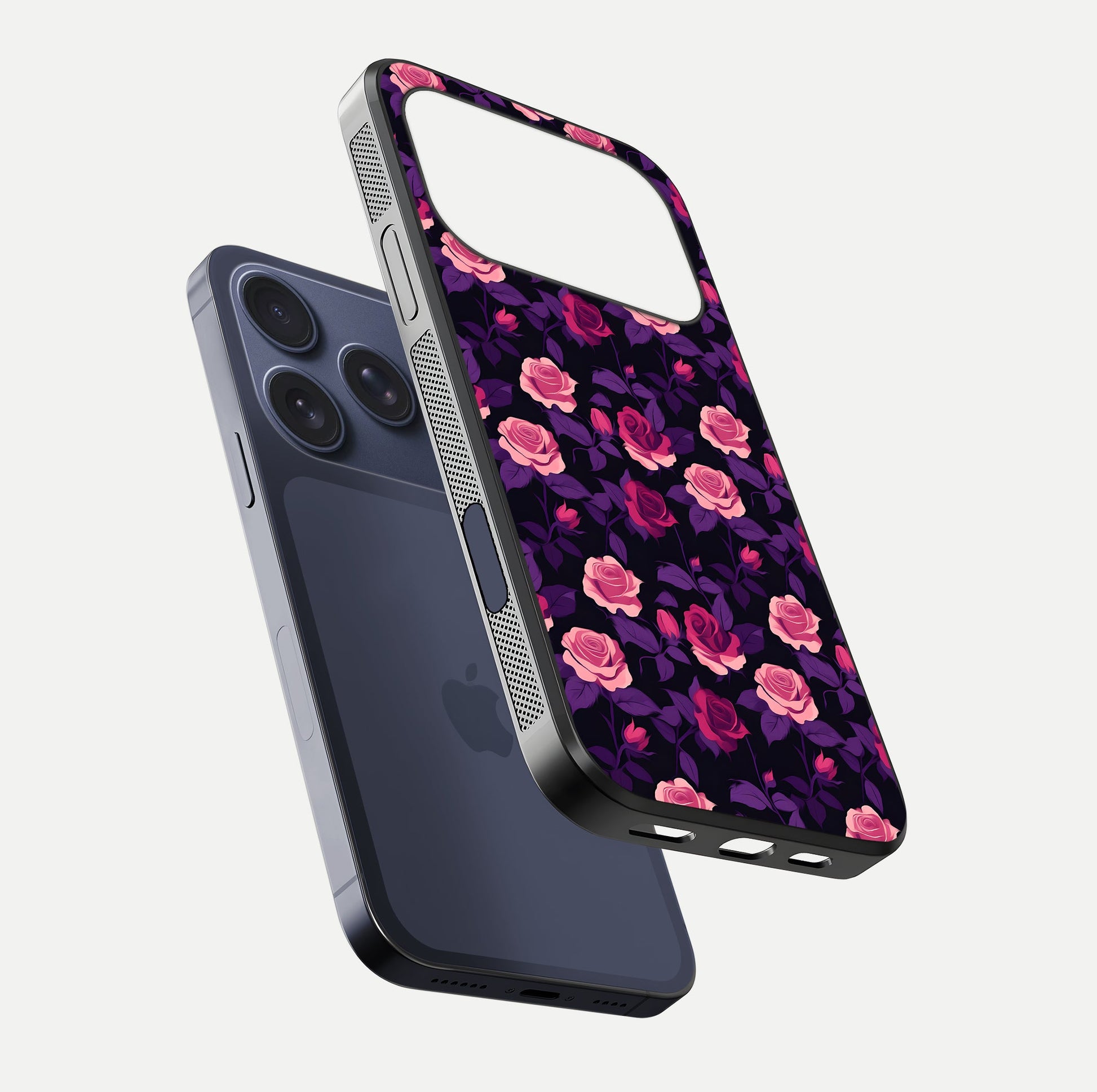 Rose Garden Twilight Glass Case for iPhone 16 Pro floating dual-view mockup displaying gloss surface and depth