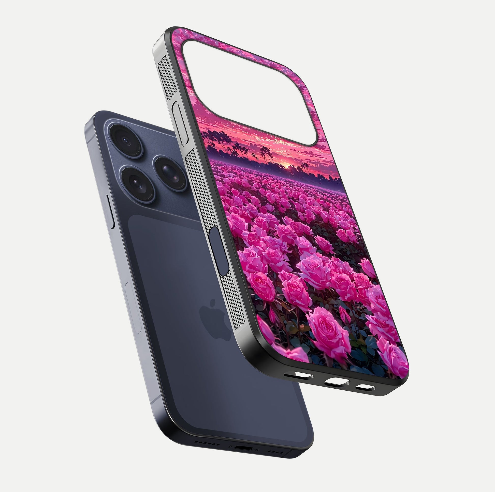 Rose Sunset Valley Glass Case for iPhone 17 Pro floating dual-view mockup showing gloss reflection and art depth