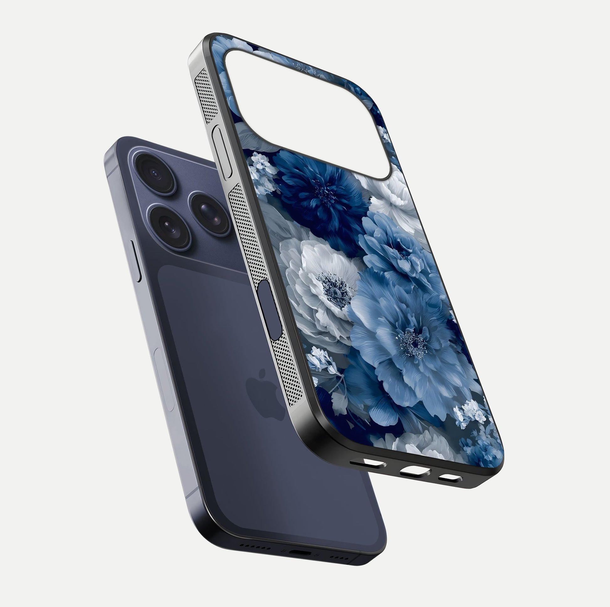 Royal Bloom Garden Glass Case for iPhone 16 Pro floating dual-view mockup displaying gloss and print clarity