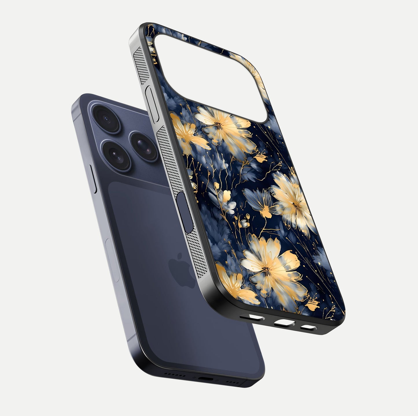 Royal Petal Dream Glass Case for iPhone 17 Pro floating dual-view mockup displaying gloss reflection and tone contrast