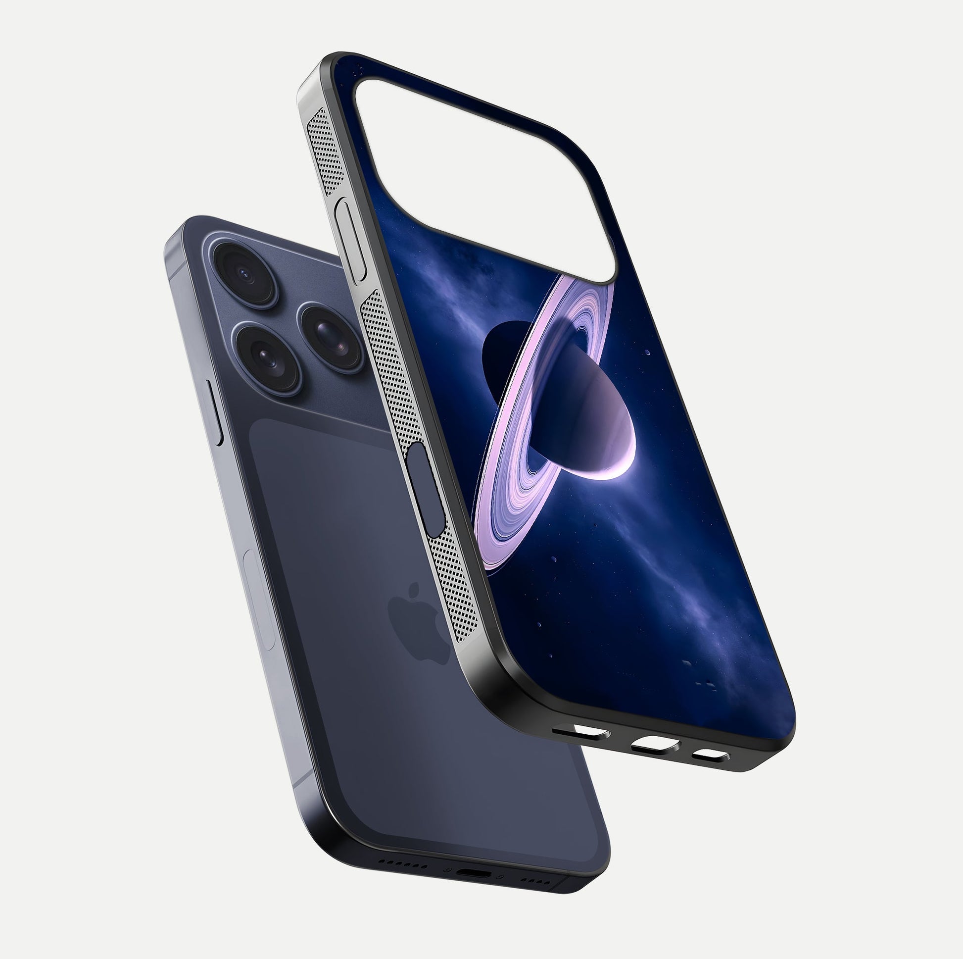 Saturn Ring Mystique Glass Case for iPhone 17 Pro floating dual-view mockup showing gloss finish and star detail