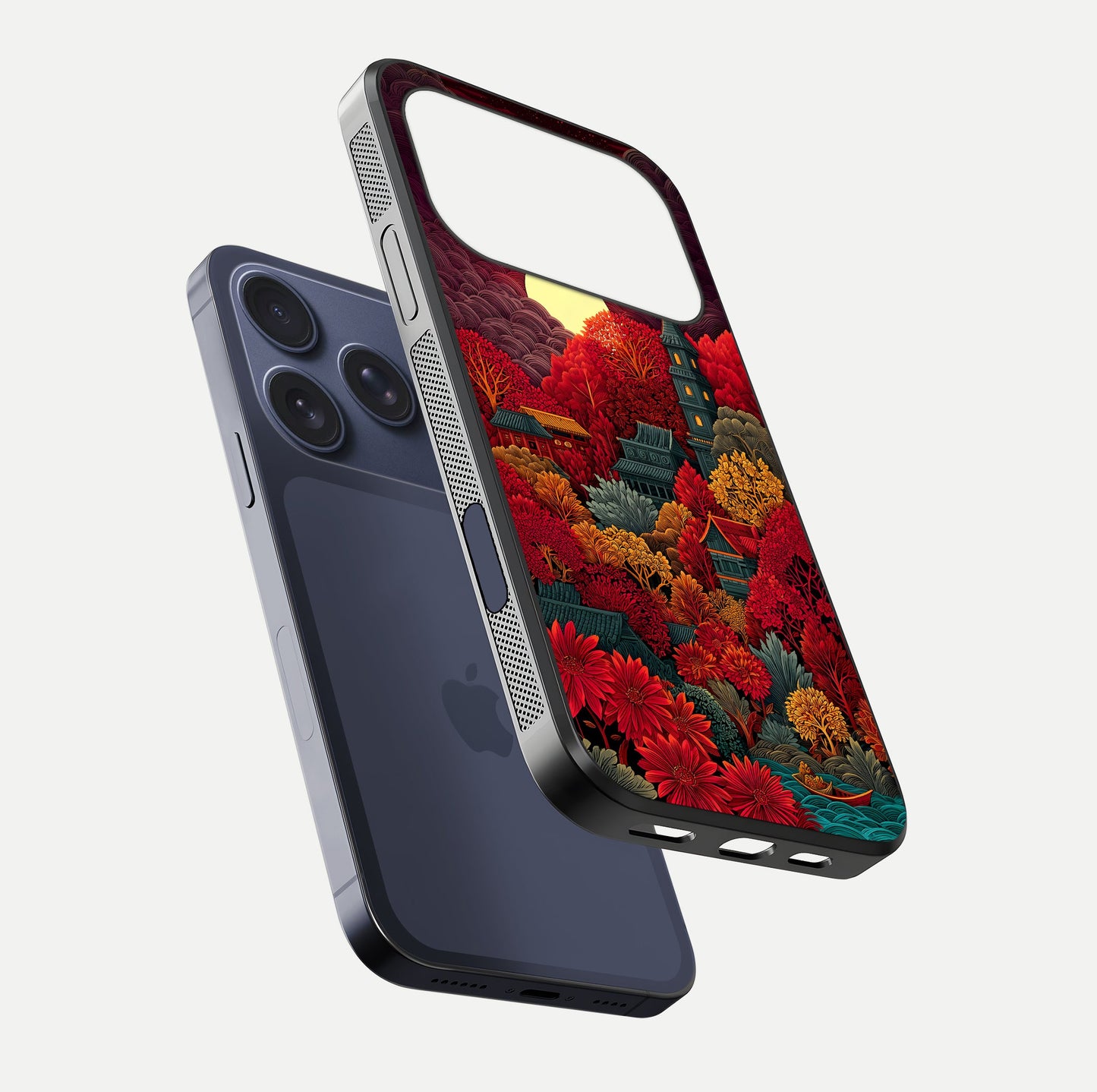 Scarlet Autumn Temple Glass Case for iPhone 17 Pro floating dual-view mockup displaying gloss shine and autumn tones