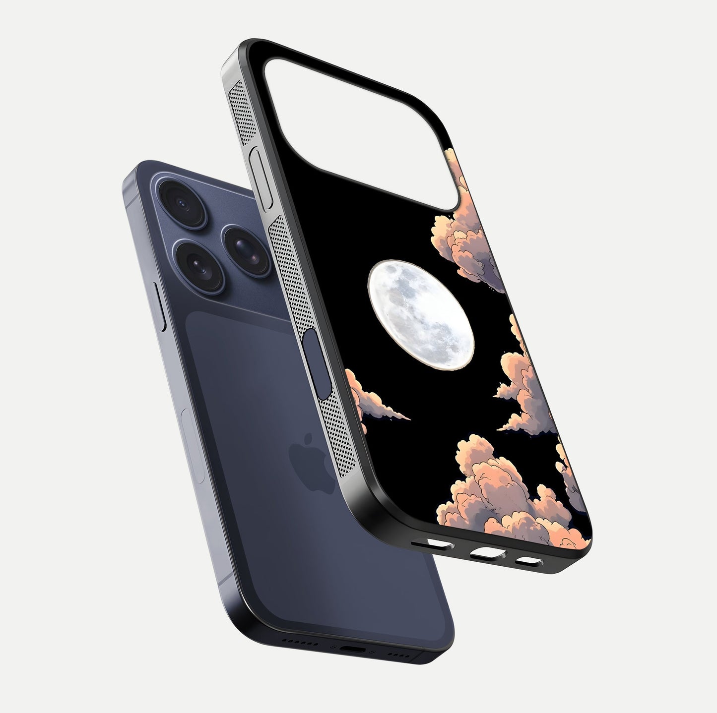 Shade Cloud Moon Glass Case for iPhone 17 Pro floating dual-view mockup showing gloss and celestial texture