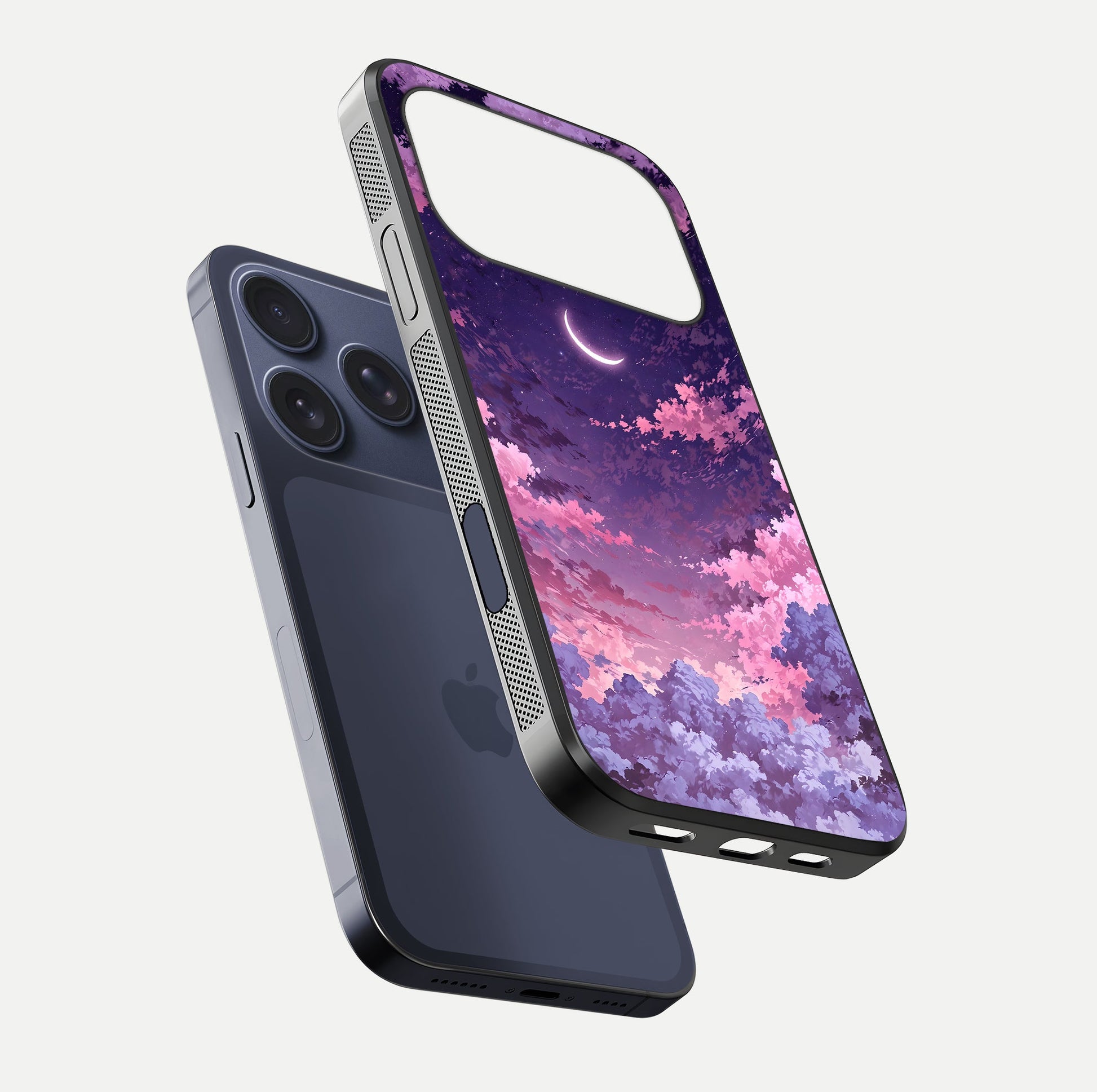 Sky Drift Clouds Glass Case for iPhone 17 Pro floating dual-view mockup displaying gloss shine and depth