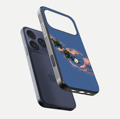 Sky Under Tree Glass Case for iPhone 17 Pro floating dual-view mockup displaying gloss reflection and landscape tone